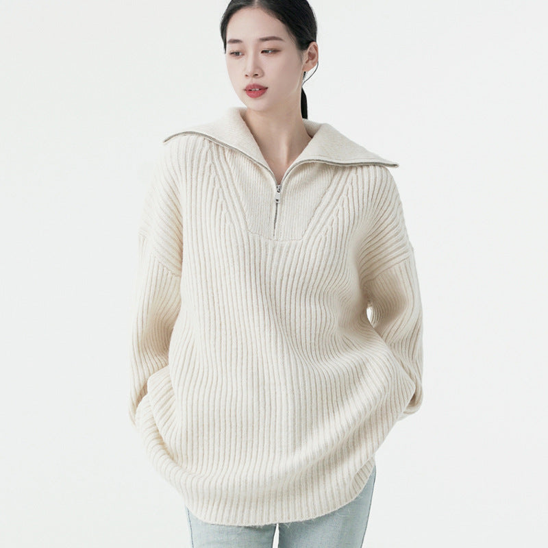 Knitwear autumn winter zipper turn down collar long sleeve luxury women cashmere pullover sweater