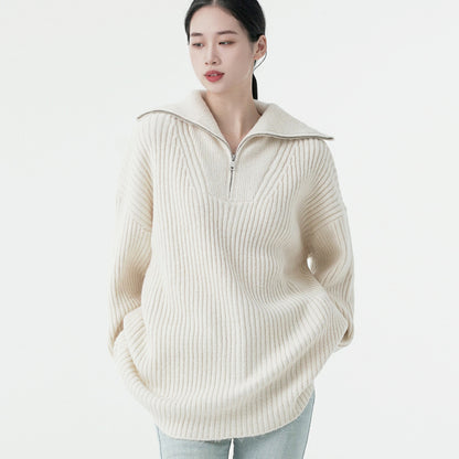 Knitwear autumn winter zipper turn down collar long sleeve luxury women cashmere pullover sweater