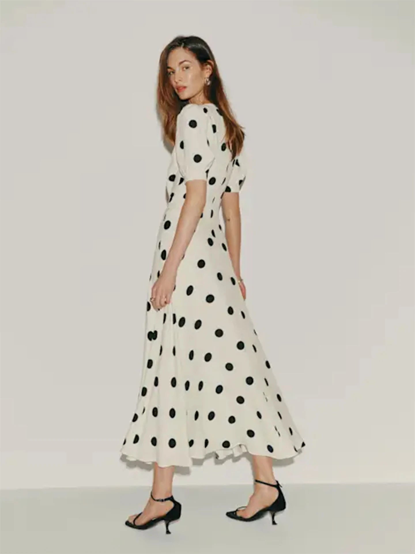 Women Ivory Black Polka Dot Puff Sleeve Deep V Neck Maxi Dress Formal Party Evening Elegant Outfit
