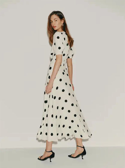 Women Ivory Black Polka Dot Puff Sleeve Deep V Neck Maxi Dress Formal Party Evening Elegant Outfit