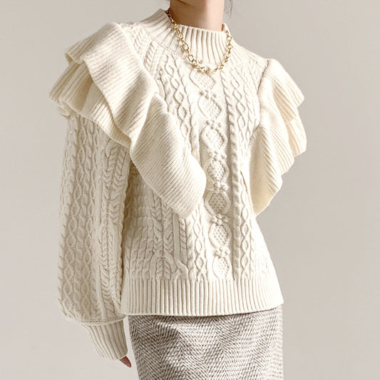 New Arrival half high neck wool knitted solid color knitwear lantern sleeve stylish ruffles mujer sweater