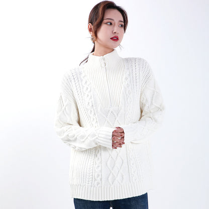 High quality thick twist solid color warm fleece tops elegant half zipper turtleneck pullover sweaters for women