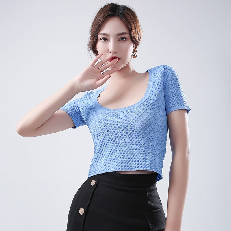 High quality pure color knitwear U-neck elegant short sleeve summer women casual cropped sweaters