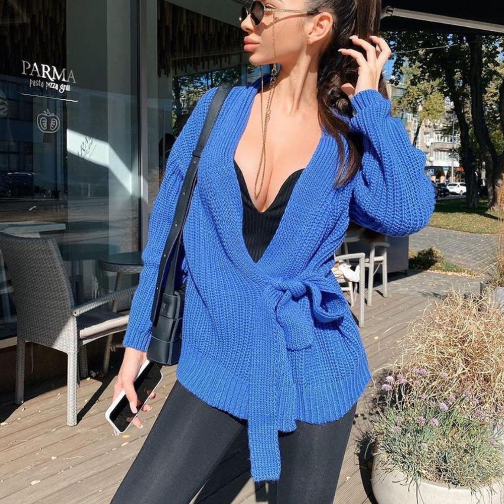 Fall winter v neck lace up knitwear thicken pure color oversize cardigans women sweaters coat