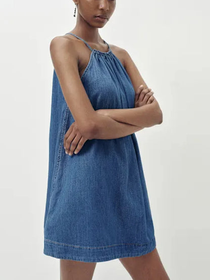 Women Blue Denim O-Neck Sleeveless Ruched Mini Dress Summer Woven Breathable Washable Casual Party Evening Elegant Outfit