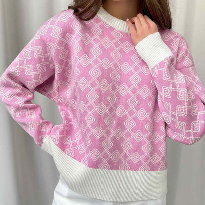 round neck jacquard knitwear women short plaid loose jumper color blocking sweaters