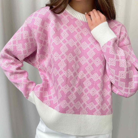 round neck jacquard knitwear women short plaid loose jumper color blocking sweaters