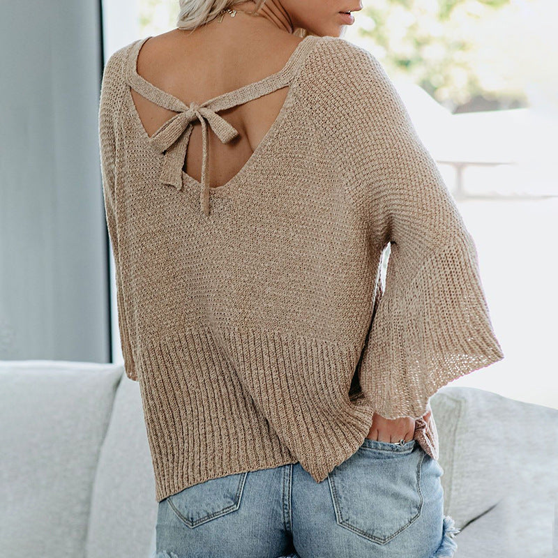 Spring Summer women fashion off shoulder solid color sweaters lace up loose elegant flare sleeve jumpers
