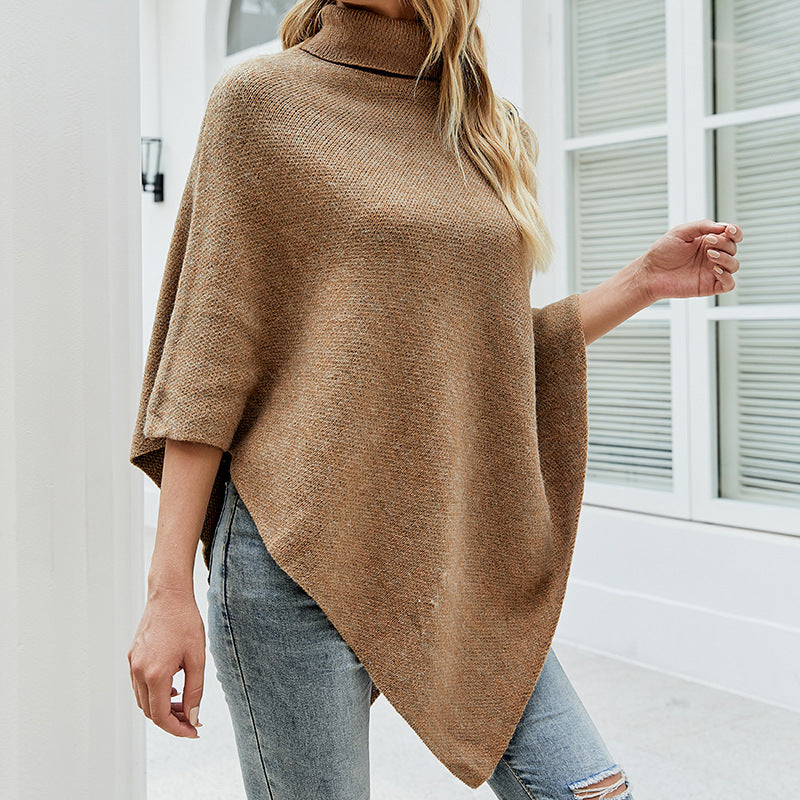 Trending Fashion winter shawl solid color turtleneck sweater Cape Roll Neck Knitwear warm cloak coat for women
