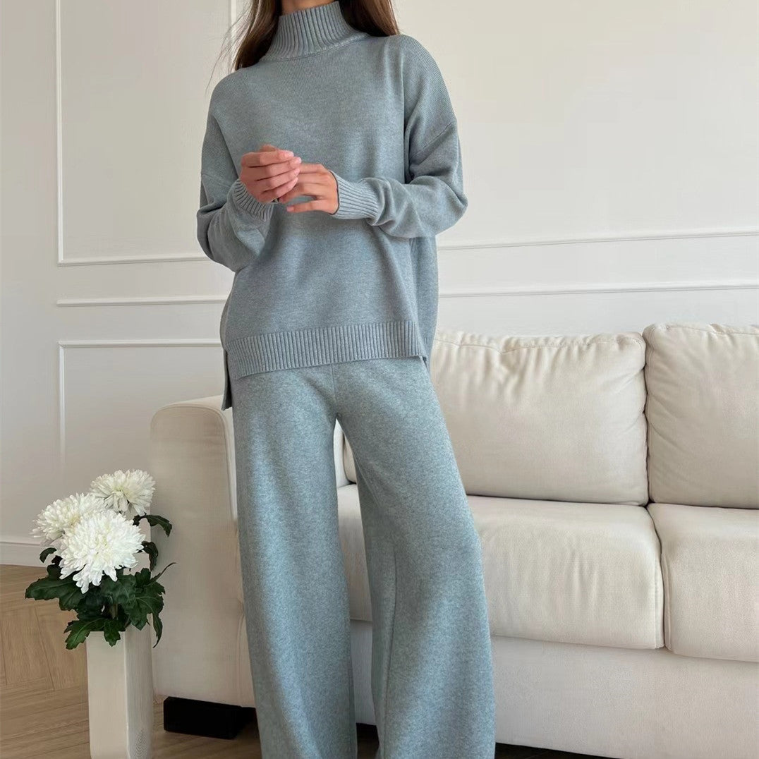 clothing color blocking conjuntos para mujeres turtleneck sweater wide leg pants 2 piece set women loungewear