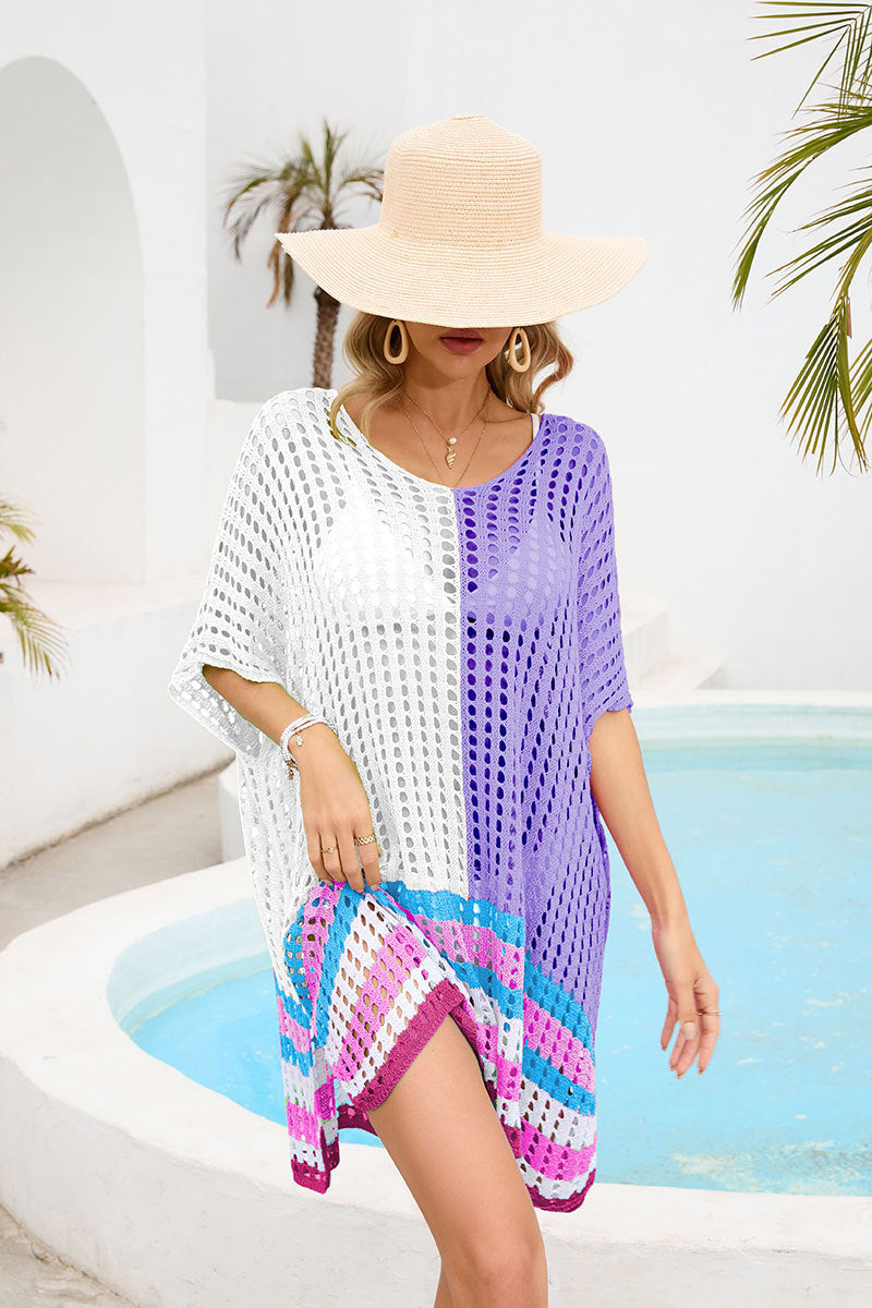 High quality color blocking elegant knitwear women pullover oversize U-neck knitted hollow out beach dress