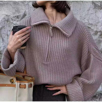 Trendy hot sales pure color lapel collar solid color thick half zipper women casual sweaters