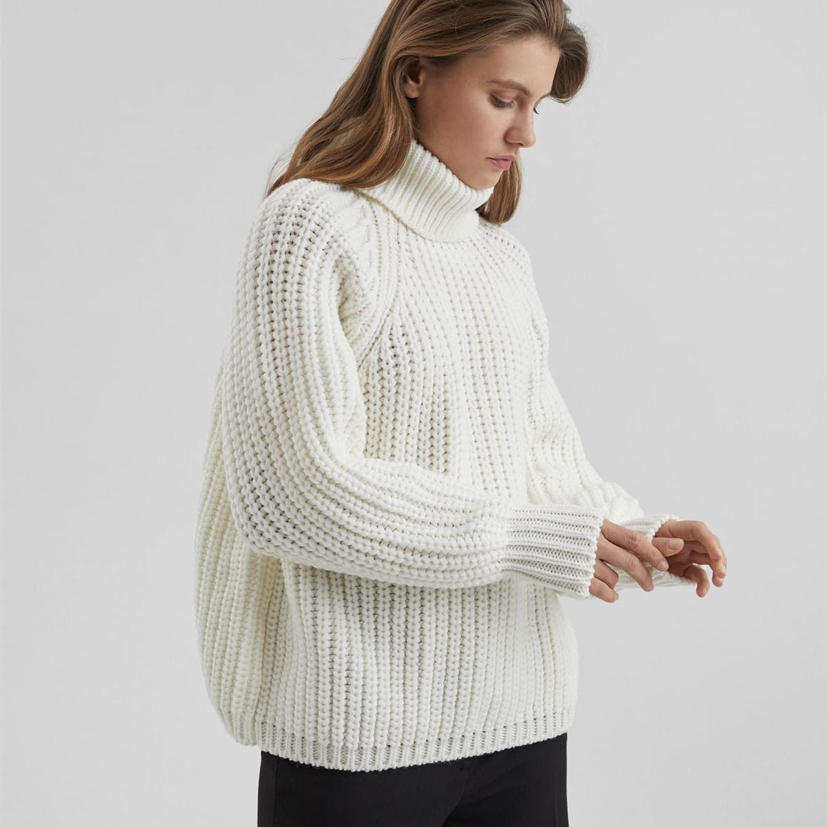 women acrylic high neck knitted tops long sleeve solid color pullover casual sweater