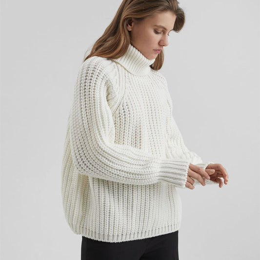women acrylic high neck knitted tops long sleeve solid color pullover casual sweater