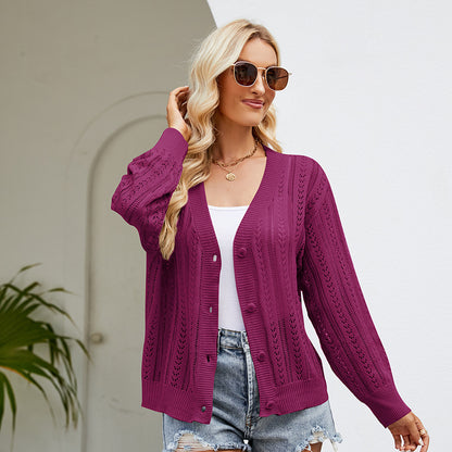 women hollow out sweater v neck Long Sleeve knitwear winter solid color knitted elegant cardigan