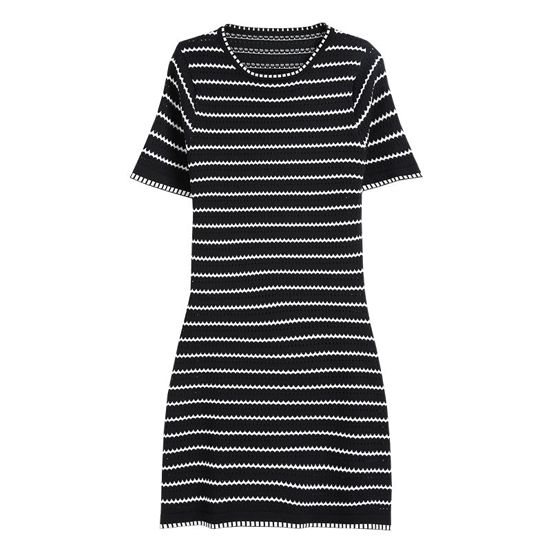 women round neck short sleeve pullover knitwear slim fit Striped elegant A-line knitted dress