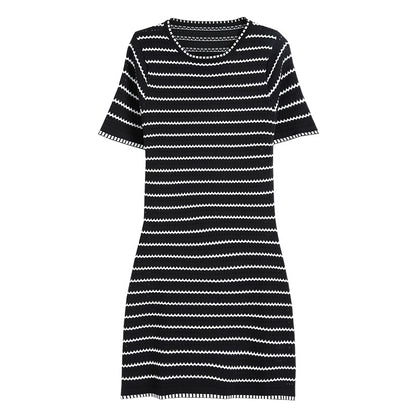 women round neck short sleeve pullover knitwear slim fit Striped elegant A-line knitted dress