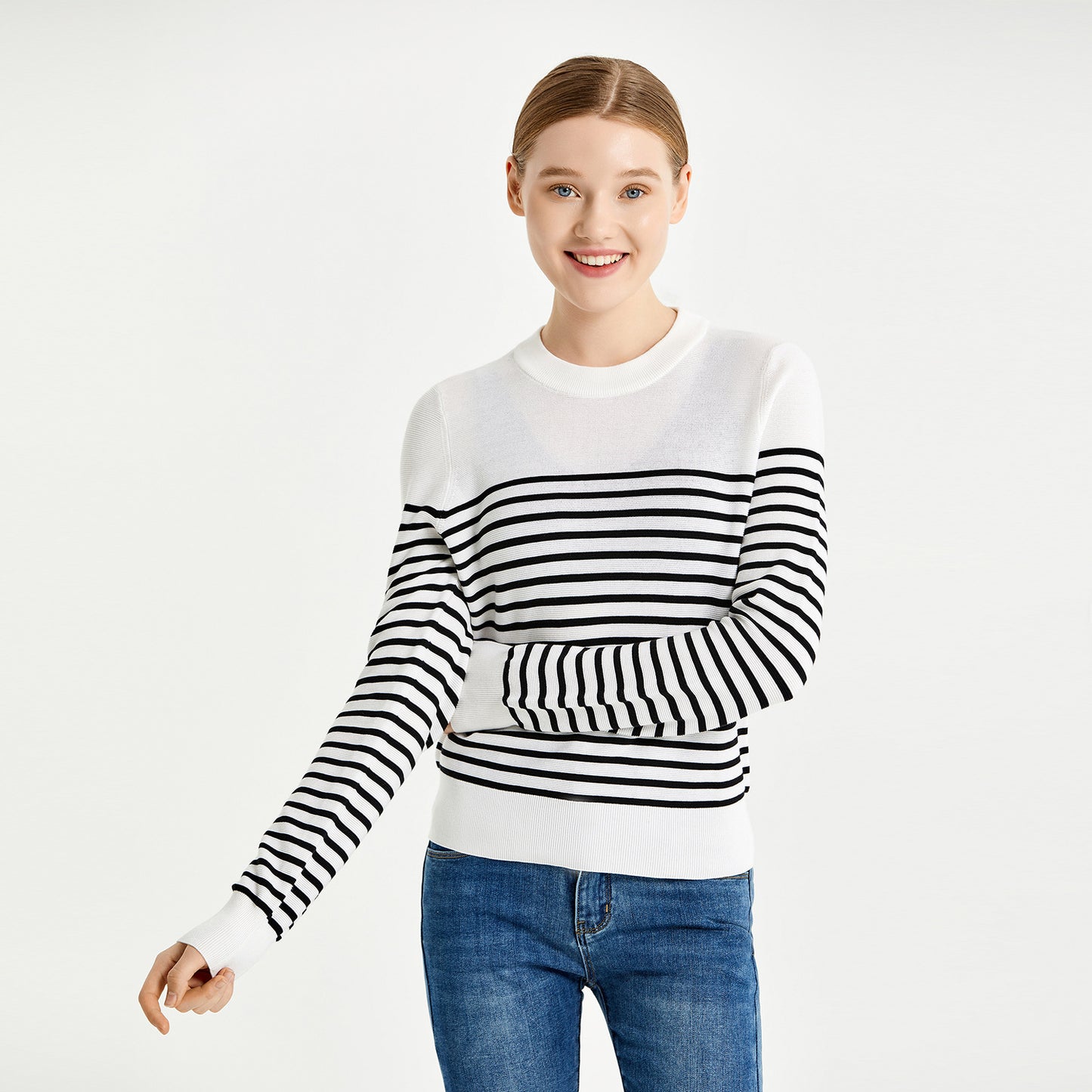 Hot sales casual pullover jumpers round-neck long sleeve striped knitted top knitted sweater