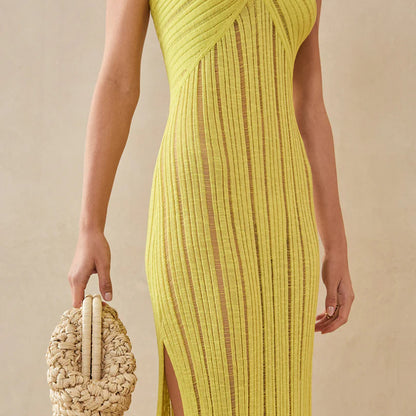 summer fashion knitted One Shoulder irregular design omen’s sexy stylish hollow out see through mini vacation dress