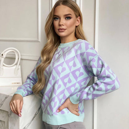 fall winter Round Neck Long Sleeve short knitted Geometric Sweater Casual Sexy Tops For Women