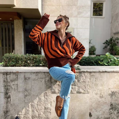 Autumn Winter turtleneck women casual oversize streetwear stylish short jacquard half zipper sweaters coats