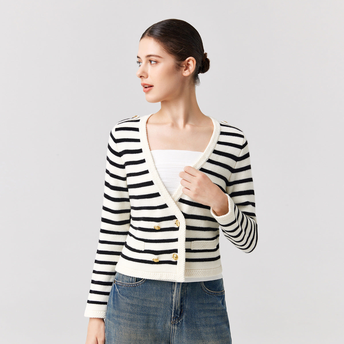Knitwear Black white striped Merino wool elegant sweater coat Double Breasted gold cardigans women
