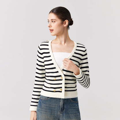 Knitwear Black white striped Merino wool elegant sweater coat Double Breasted gold cardigans women