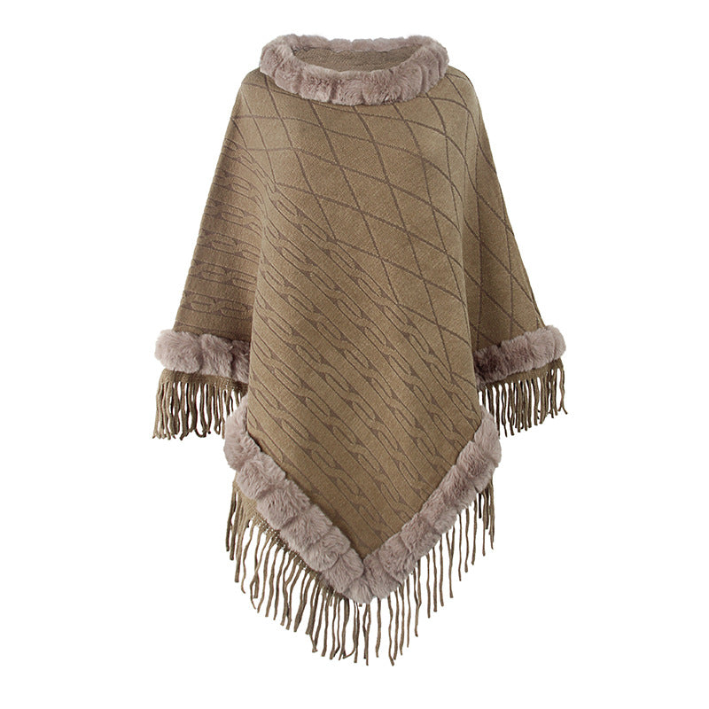 New Design Faux Fur Lined Collar Pullover Loose Sweater Poncho Oversize solid color warm tippet For Women