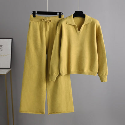 Autumn Winter Solid color Loose Polo Collar Sweater Wide Leg Pants Temperament Women’s 2 piece knitted Set