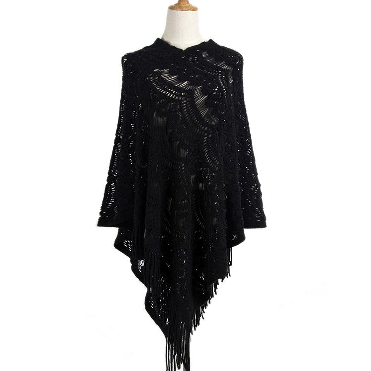 New Arrival Mid-length crocheted hollow out irregular tassel capes knitted pullover sweater women’s shawl