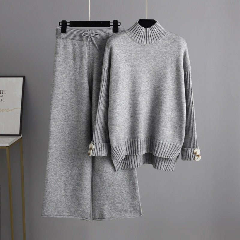 Trending Fashion rolled neck sweaters wide leg pants 2 piece set women knitted winter autumn casual streetwear