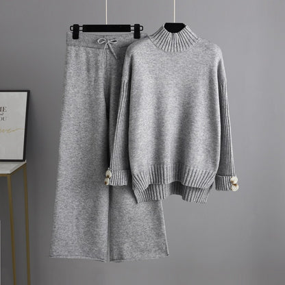 Trending Fashion rolled neck sweaters wide leg pants 2 piece set women knitted winter autumn casual streetwear