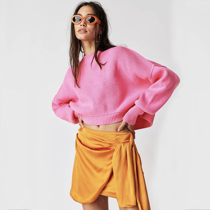 clothing round neck casual knitwear pullover striped oversize long sleeve short cropped sweaters women