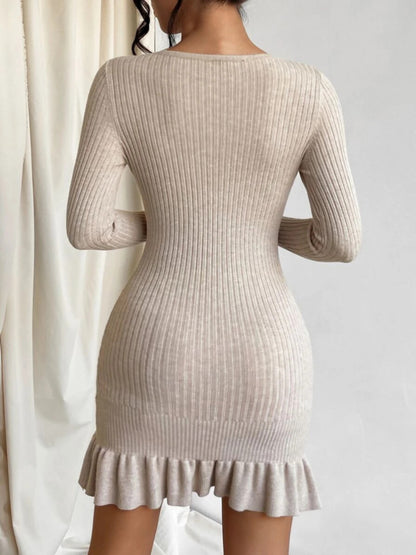 High quality women fashion pullover pure color round neck sexy slim fit ruffles bodycon knitted short dress