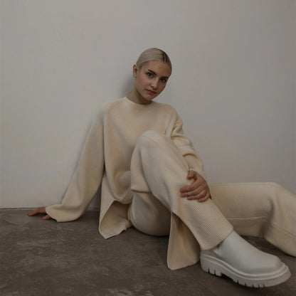 Clothing elegant pullover loungewear women fashion high quality solid color knitted wide leg pants 2 piece set