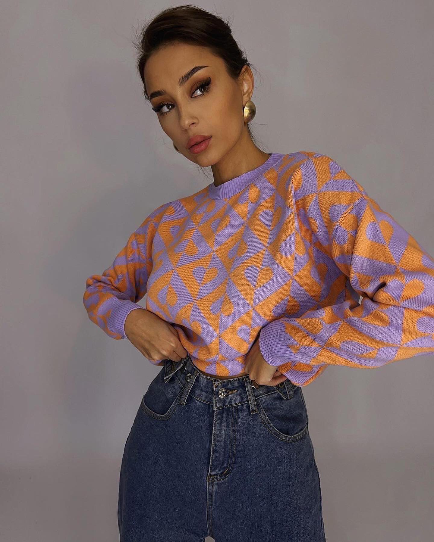 fall winter Round Neck Long Sleeve short knitted Geometric Sweater Casual Sexy Tops For Women
