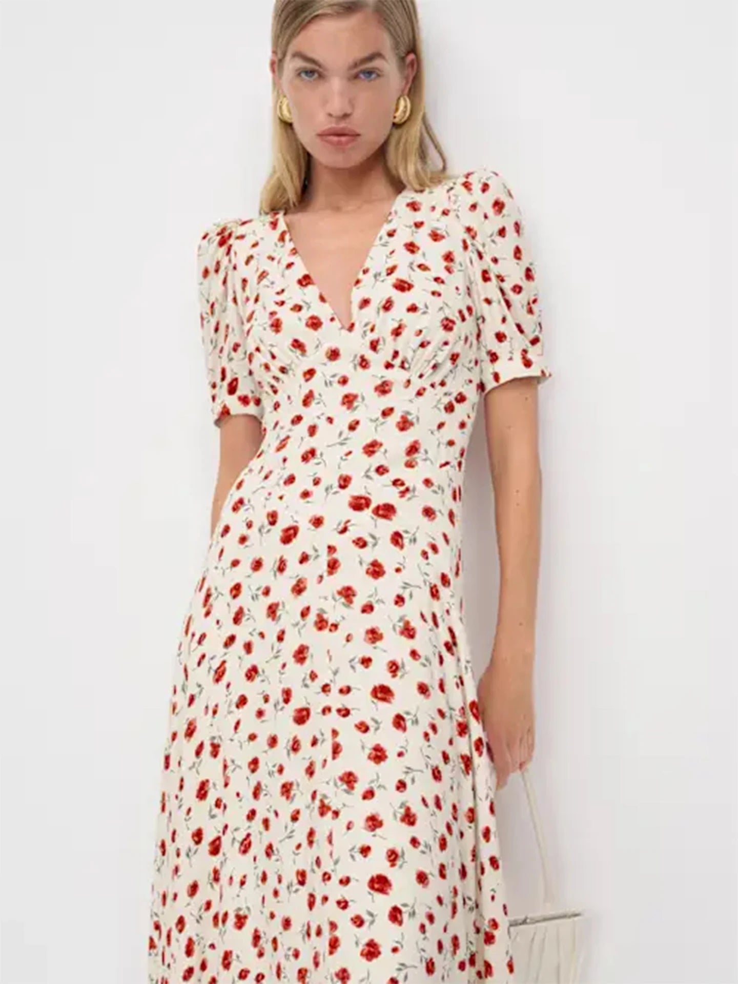 Women Ivory Red Floral Print Short Sleeve Deep V Neck Midi Dress Formal Daily Elegant Summer Breathable Natural Waistline Outfit