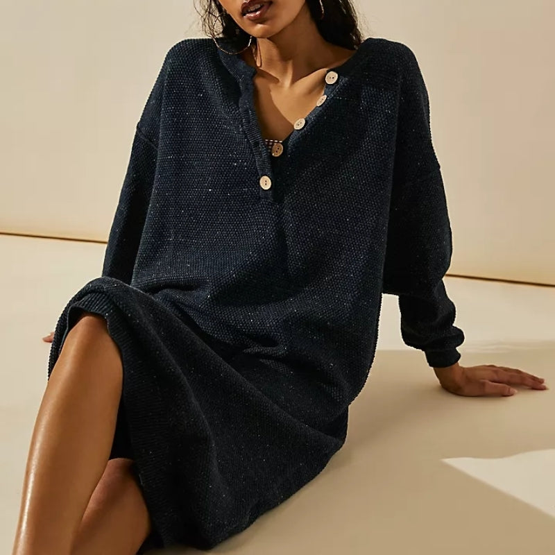 High quality elegant round neck knitwear button temperament commuter ladies sweater long maxi knitted dress for women