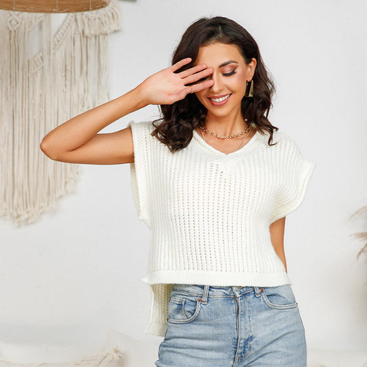 Trending V-neck loose solid color office knitwear 2026 spring summer sleeveless elegant women’s sweater vest
