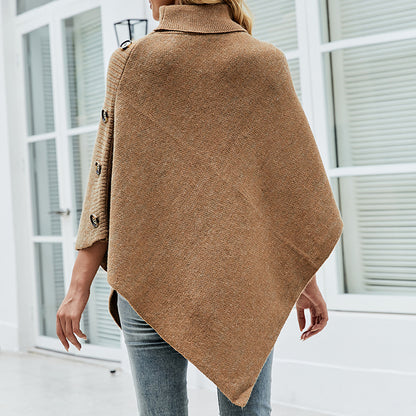 Trending Fashion winter shawl solid color turtleneck sweater Cape Roll Neck Knitwear warm cloak coat for women