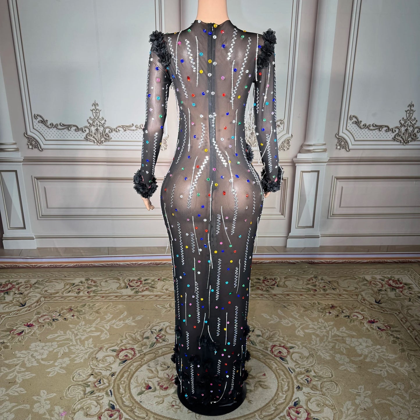 ZD Luxury Women’s Ball Gown Floor-Length Sexy Party Skirt Floral Pattern Rhinestone Decoration Natural Hand Embroidery