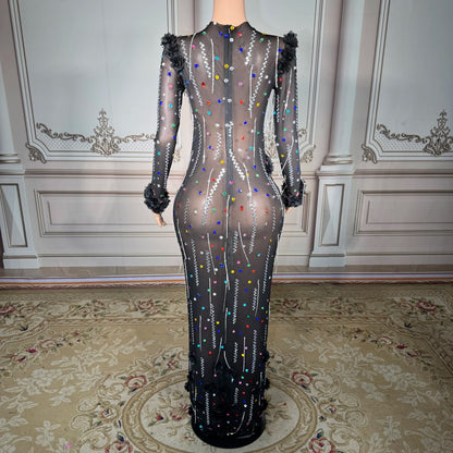 ZD Luxury Women’s Ball Gown Floor-Length Sexy Party Skirt Floral Pattern Rhinestone Decoration Natural Hand Embroidery