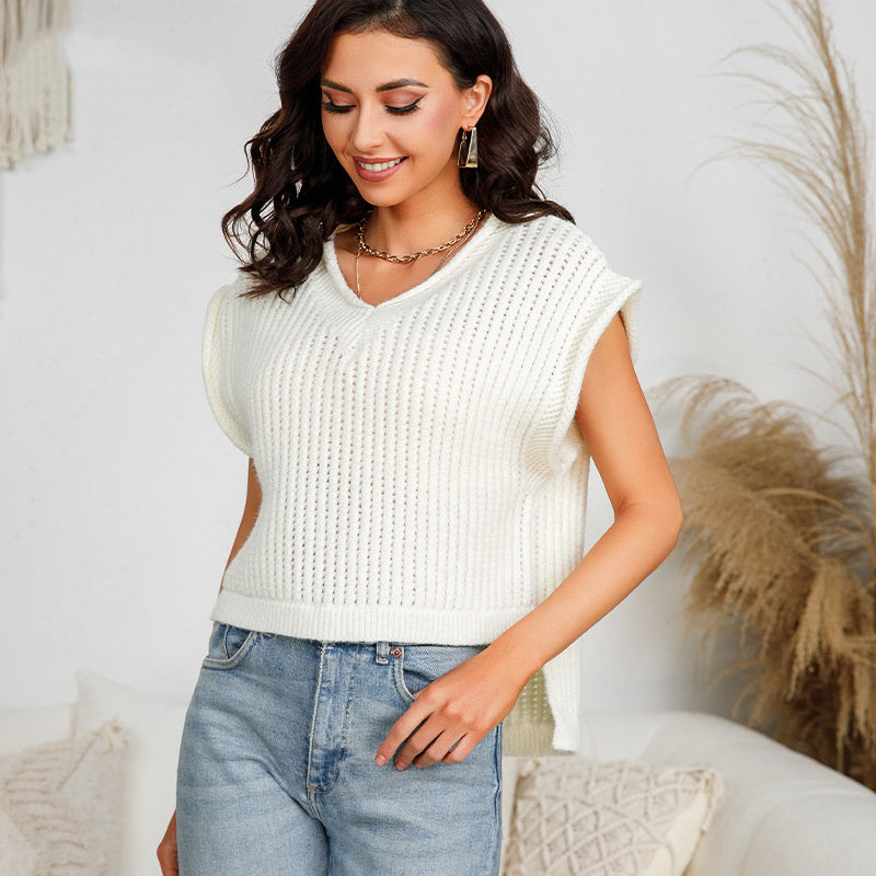 Trending V-neck loose solid color office knitwear 2026 spring summer sleeveless elegant women’s sweater vest