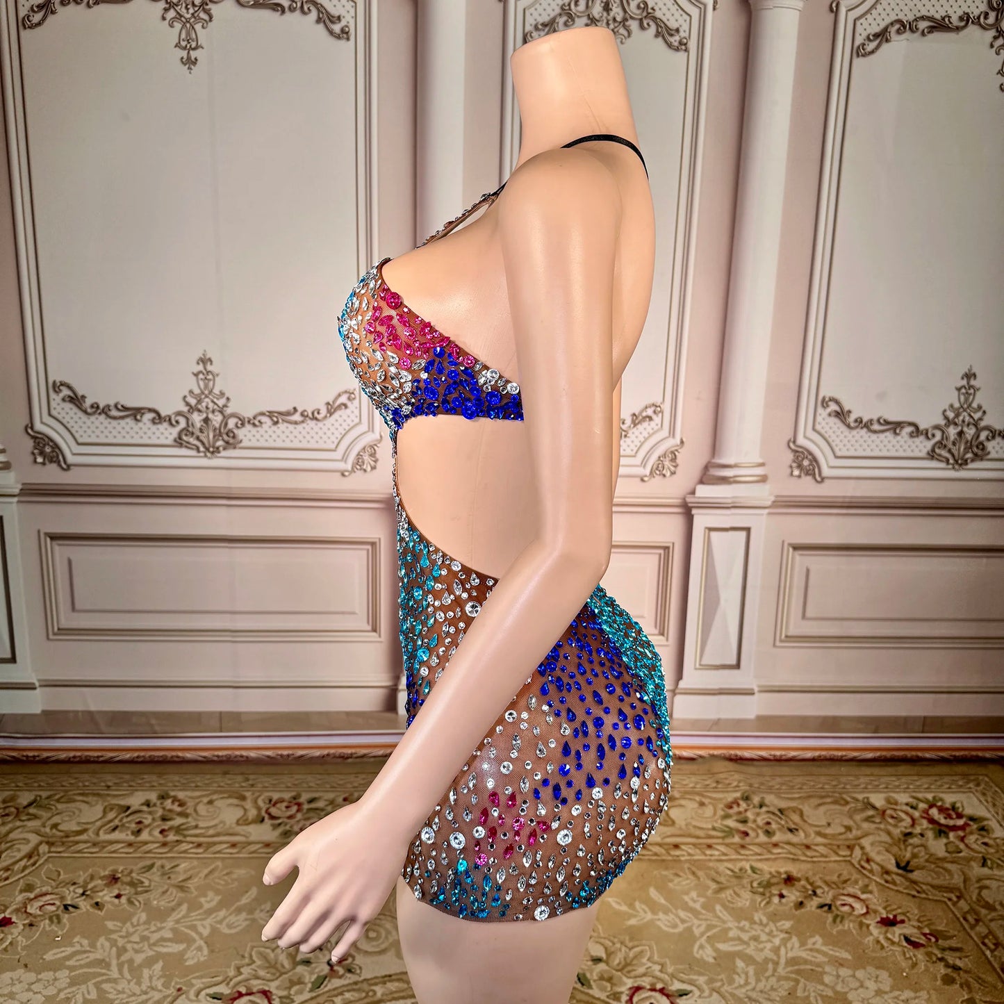 ZD Bodycon Natural Waistline Colored Rhinestone Geometric Pattern Night Club Sexy Backless Mini Evening Dress for Birthday Party