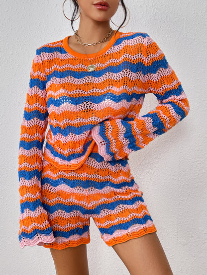 Knitwear Pullover Round Neck stripe jumper hollow out beachwear knitted Women Loungewear 2 piece set