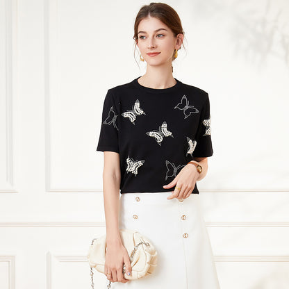 New Arrivals casual crew neck butterfly jumpers women Hot drill short sleeve pullover sweaters