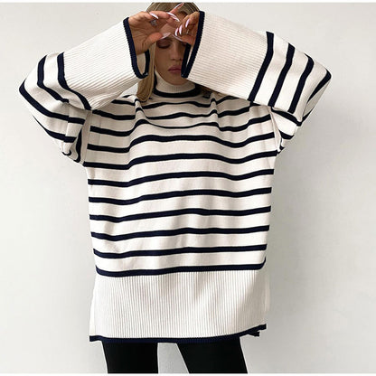 rolled neck sweaters oversize color blocking side split women autumn winter jumper mujer