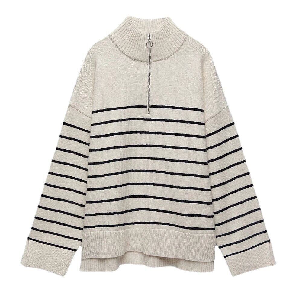 New arrivals autumn winter casual thicken knitwear Half zipper turtleneck loose striped knitted sweater for women