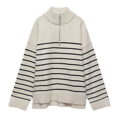 New arrivals autumn winter casual thicken knitwear Half zipper turtleneck loose striped knitted sweater for women