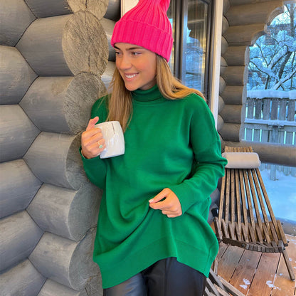 Fall winter fashion ladies sweater loose turtleneck pure color knitted pullover long casual knitwear